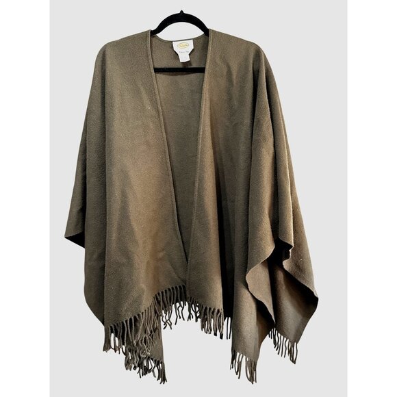 Talbots Womens Dark Olive Green Wool Poncho Cape With Fringe Trim Made In Italy - Picture 1 of 7